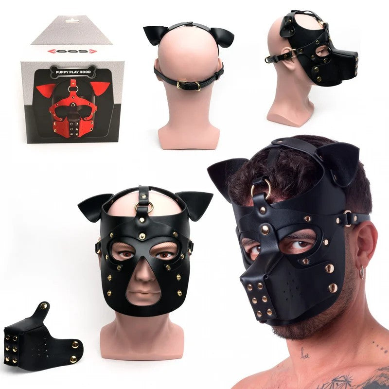 665Leather–PuppyPlayHoodShortEars–OneSizeFitsMost/OSFM(GoldStuddedBlack)