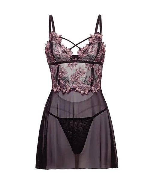 AdelaEmbroideredBonedLaceandMeshBabydollw/G-String2pcSet–Black/Pink1X