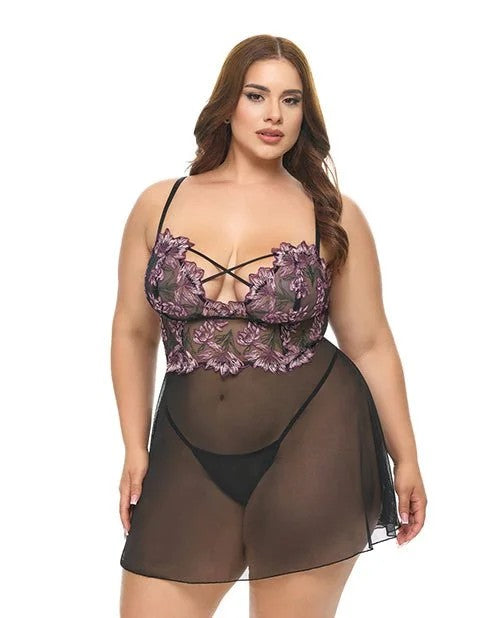AdelaEmbroideredBonedLaceandMeshBabydollw/G-String2pcSet–Black/Pink2X