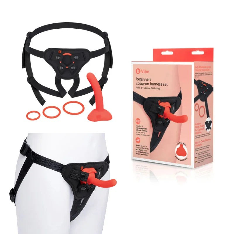 B-Vibe–BeginnersStrapOnHarnessSetWith5″SiliconeDildoPeg–(Black/Red)