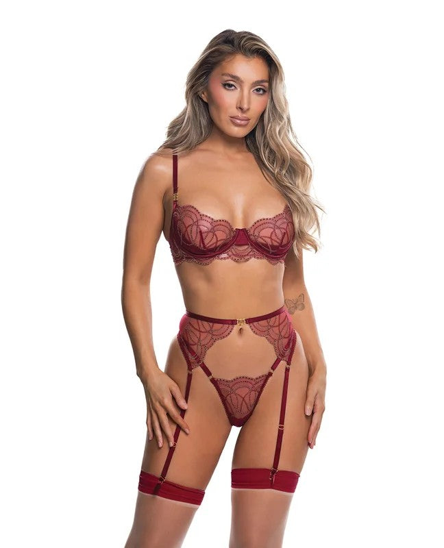 BeadedBelleMetallicEmbroideredw/BeadLaceTop,Thong&Garter3pcSet–RedLG