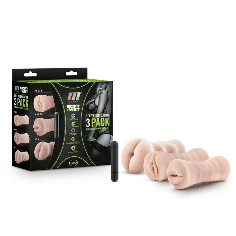 Blush–MforMenSoft&Wet3pkVibrating&Self-LubricatingStrokerSet(LightFlesh)
