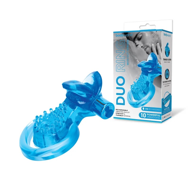 Bodywand–RechargeableDuoCockRingWithClitTicklerTongue(Blue)