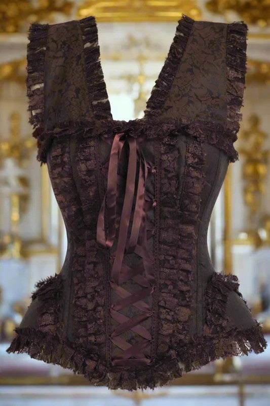 BrownSwirlBrocadeandLaceSteelBonedCorset
