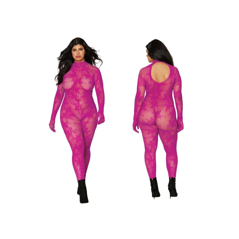 DreamgirlLingerieSeamlessFloralKnittedFishnetCatsuitBodystocking–(QueenSIze)