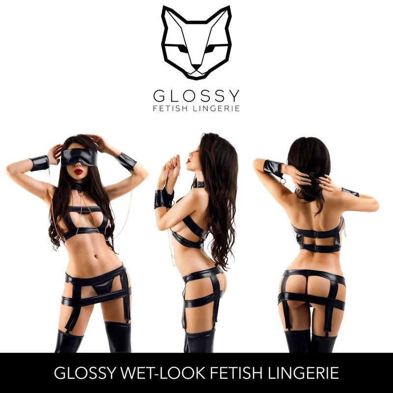Glossy–“Karlie”WetlookStrappySetwithTop,Skirt,Panty,Blindfold,ChokerCollar,Cuffs–Small(WetLookBlack)