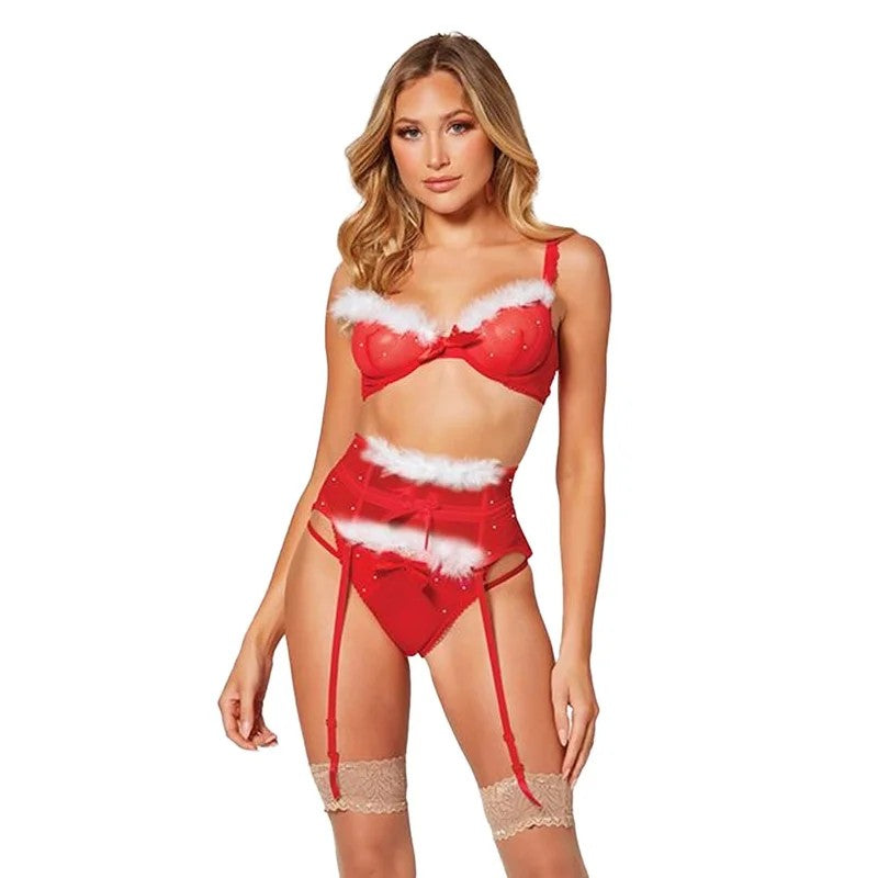 HolidaySparkleMeshBraw/MarabouTrim,GarterBelt&PantyRed