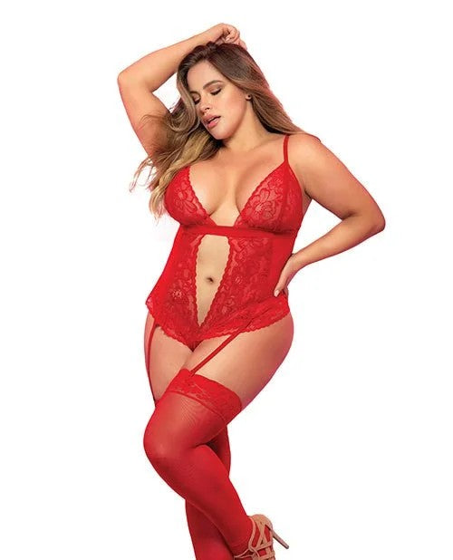 Lace&MeshTeddyw/Hook&EyeCrotchClosurew/AttachedGarterStrapsRed2X/3X