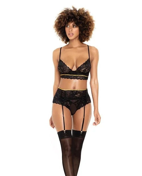 LaceUnderwireBra,Thong&Garterbeltw/LaceUpDetailBlackM/L