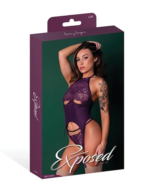 Leather&LaceStretchMeshandLaceUnderboobCutoutCorset&Panty2pcSet–PlumS/M