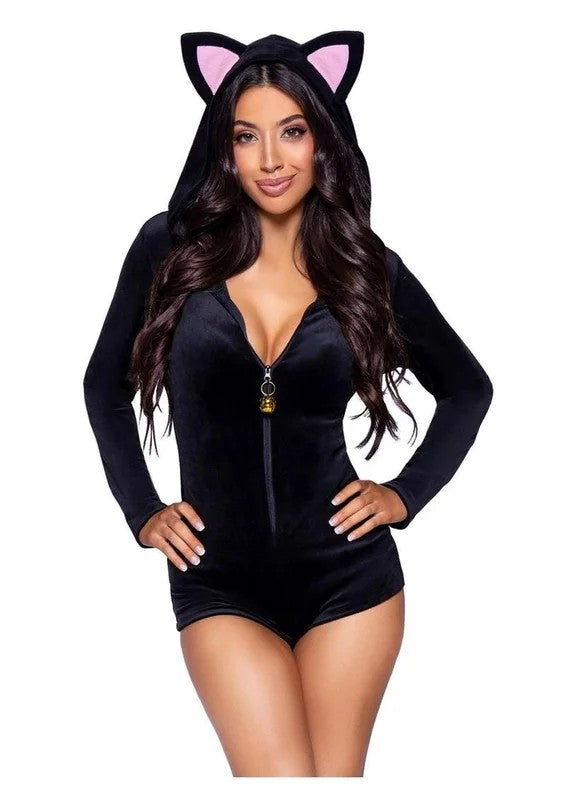 LegAvenueComfyCatUltra-SoftVelvetPlushZipUpRomperwithBellZipperPull,EarHood,andKittyTail