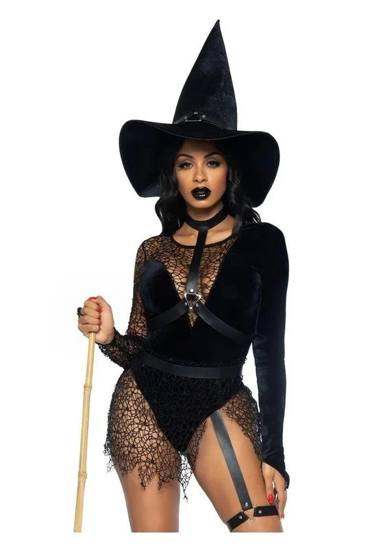 LegAvenueCraftyWitchSnapCrotchVelvetBodysuitwithDistressedNetandAttachedGarter,ChokerBodyHarness,andMatchingVelvetWitchHat