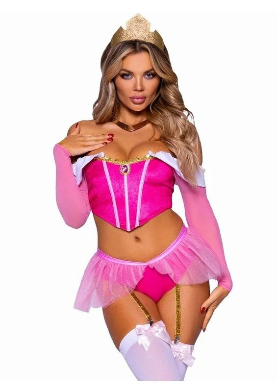 LegAvenueDreamyPrincessVelvetBonedCropTopwithJewelAccent,GarterPantywithPeplumSkirt,RemovableClearStraps,andCrownHeadband