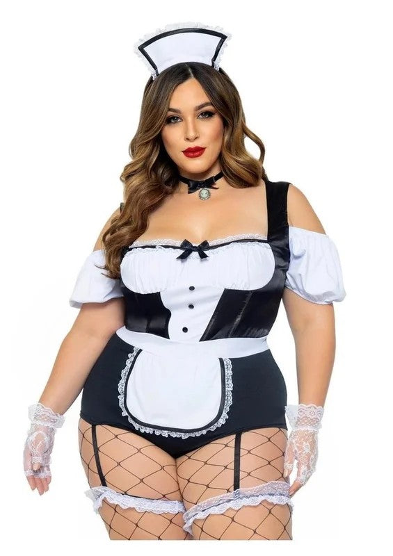 LegAvenueFoxyFrenchieGarterBodysuitwithAttachedApron,Choker,andHatHeadband