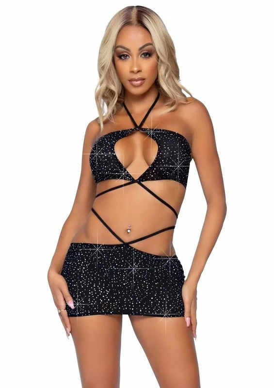 LegAvenueRhinestoneKeyholeBandeauTopandLowRiseSkirtwithWaistStrapDetail