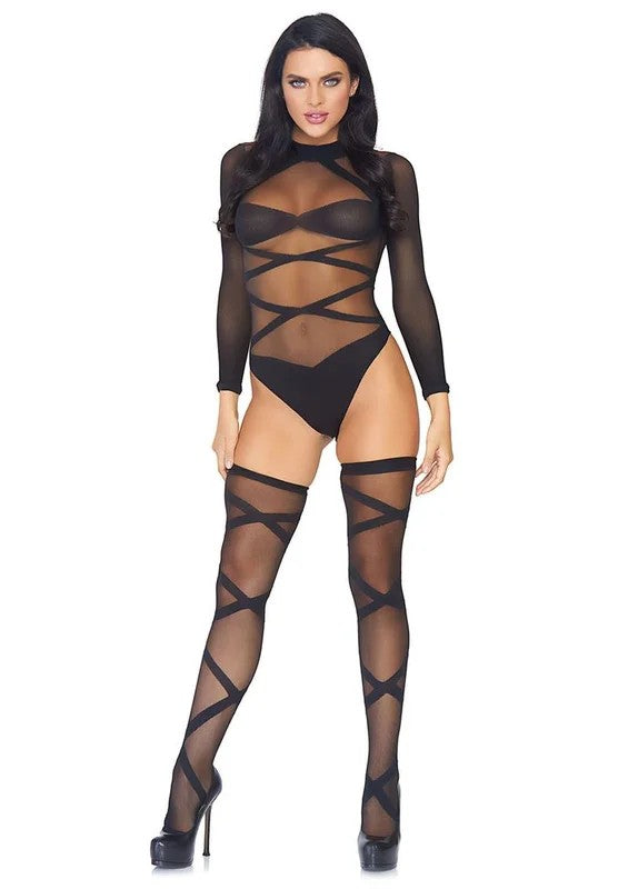 LegAvenueSheerCrissCrossBodysuitwithMatchingThighHigh