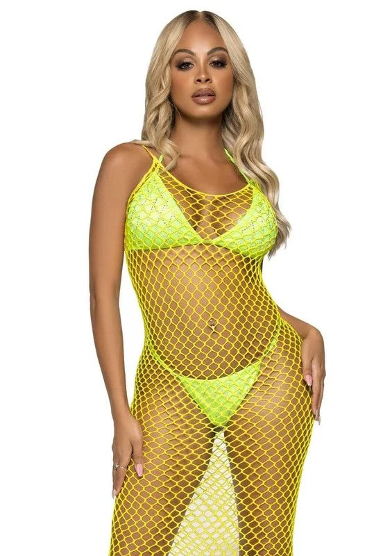 LegAvenueWovenTwistNetBacklessMaxiDress–OneSize–Lemon