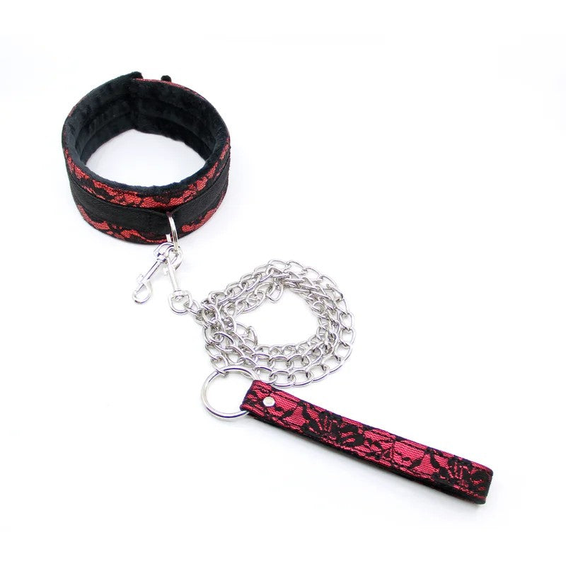 LoveInLeather–BerlinBabyLaceLookFaux-FurLinedCollarwithLeash(Black/Red)