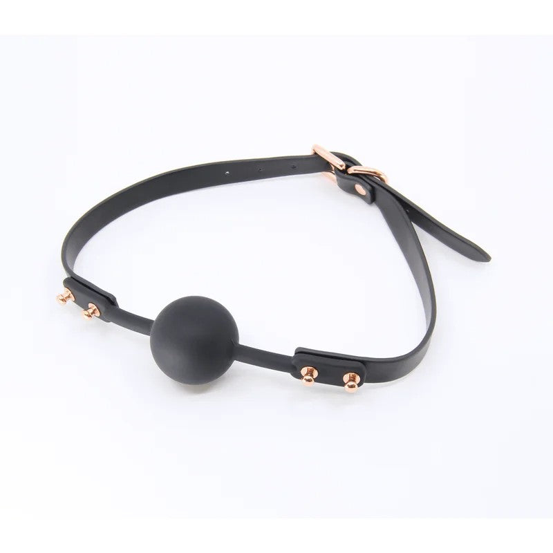 LoveInLeather–BlackFauxLeatherBallGagWithSiliconeBall|RoseGoldHardware