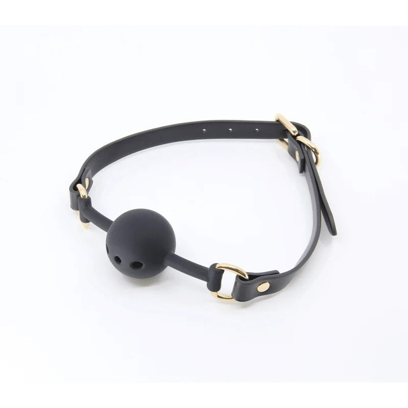 LoveInLeather–BlackFauxLeatherGagWithBreathableSiliconeBall|GoldHardware