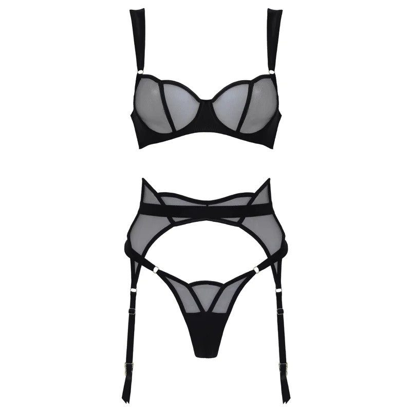LoveInLeather–ScallopedBlackMesh&Satin3PieceLingerieSet|Medium
