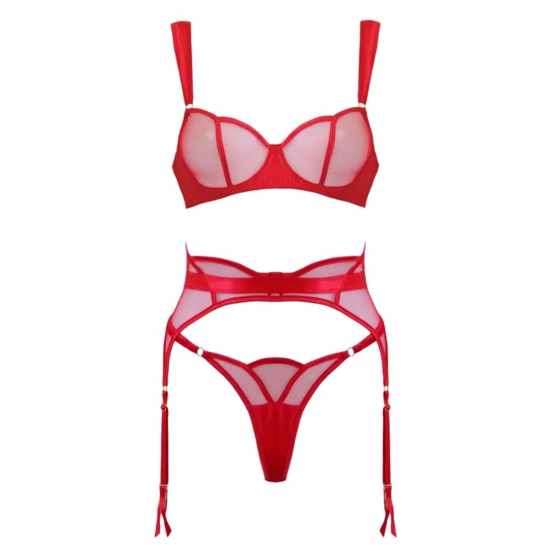 LoveInLeather–ScallopedRedMesh&Satin3PieceLingerieSet|Small