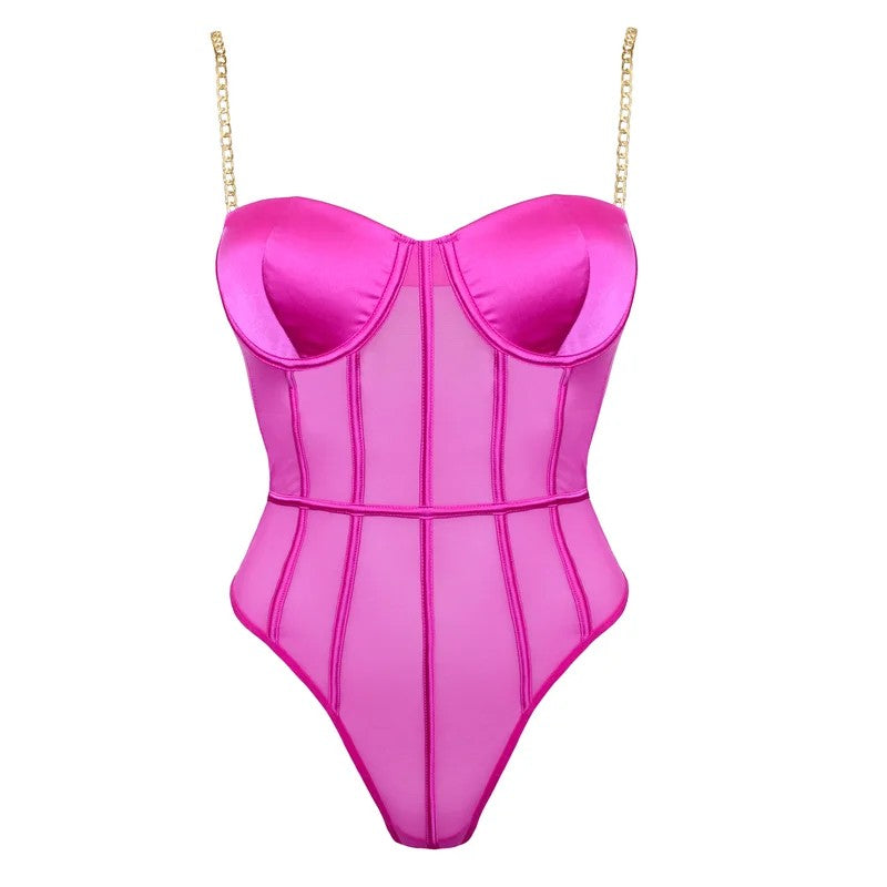 LoveInLeather–StructuredFluroPinkMeshBodysuitw/GoldChainStraps|ExtraLarge