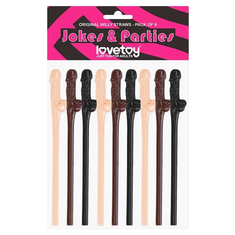 Lovetoy–Jokes&PartiesWillyStraws–9pk(LightFlesh/DarkFlesh/Black)