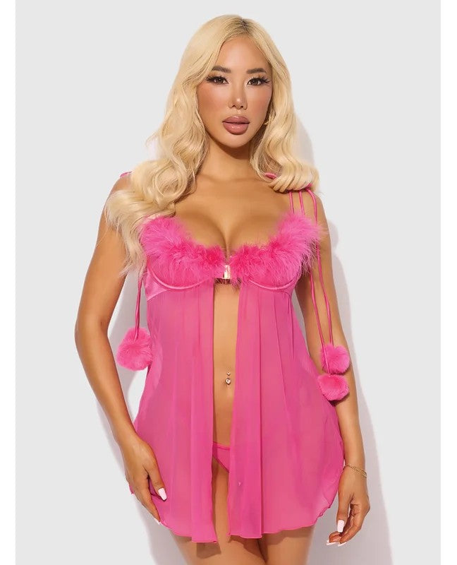 MarilynMarabou&MeshBabydoll&G-StringSet–Pink1X/2X