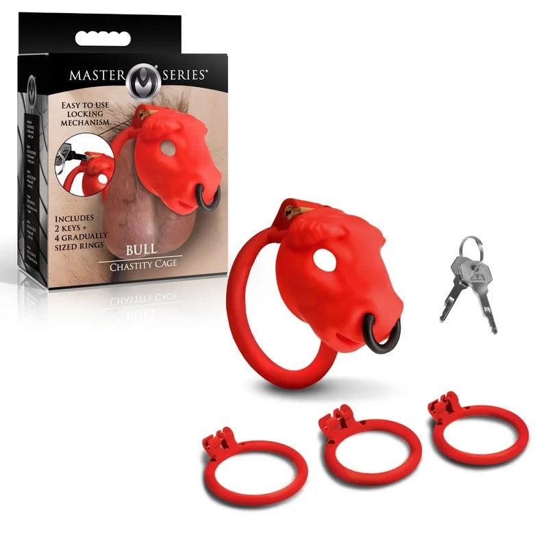 MasterSeries–“Bull”ChastityCagewith4Rings(Red)