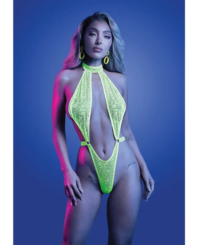 MindControlUVReactiveLaceHalterTeddy–NeonGreenM/L