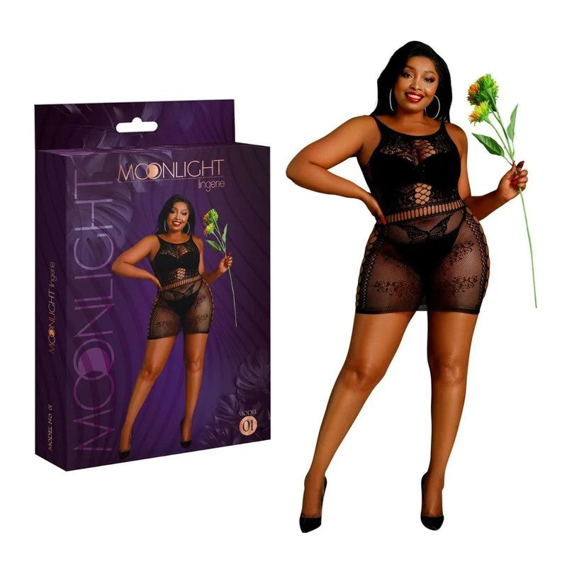 MoonlightLingerie–Model01BlackDressFloralLaceCutout–PlusSize(Black)