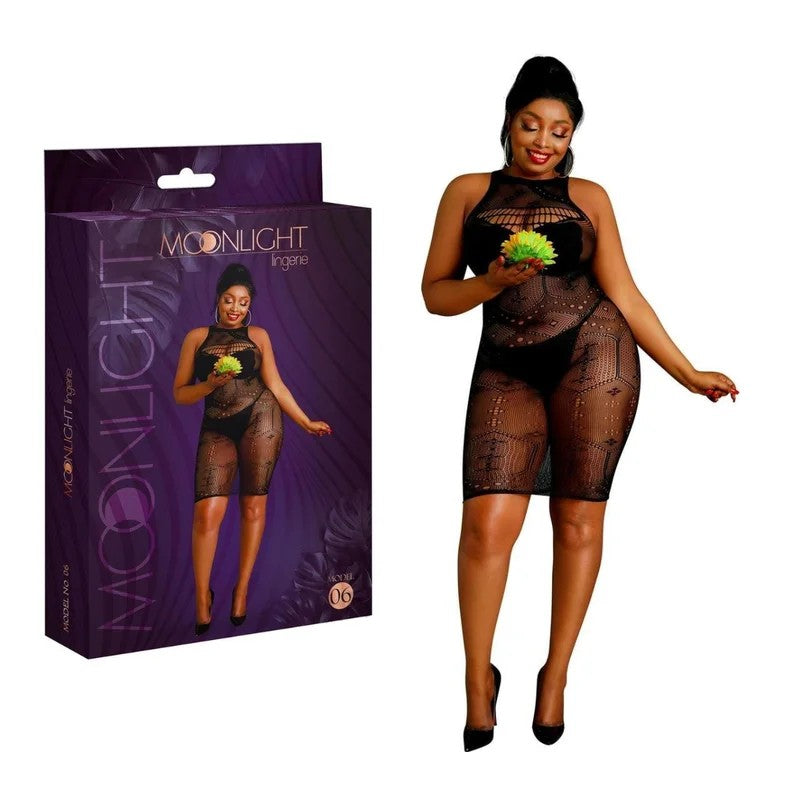MoonlightLingerie–Model06SleevelessCircleGeo-netDress–PlusSize(Black)