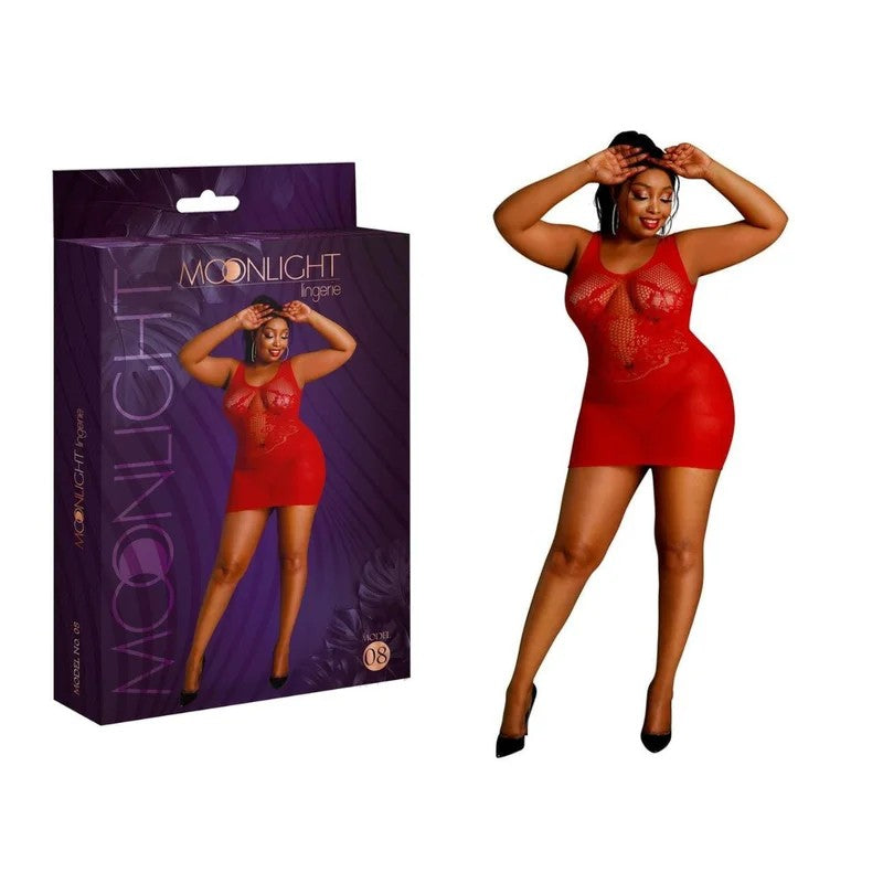 MoonlightLingerie–Model08LaceFishnetDress–PlusSize(Red)