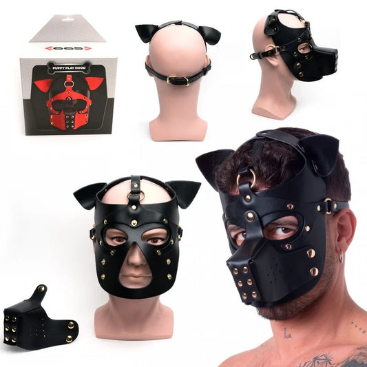 665Leather–PuppyPlayHoodShortEars–OneSizeFitsMost/OSFM(GoldStuddedBlack)