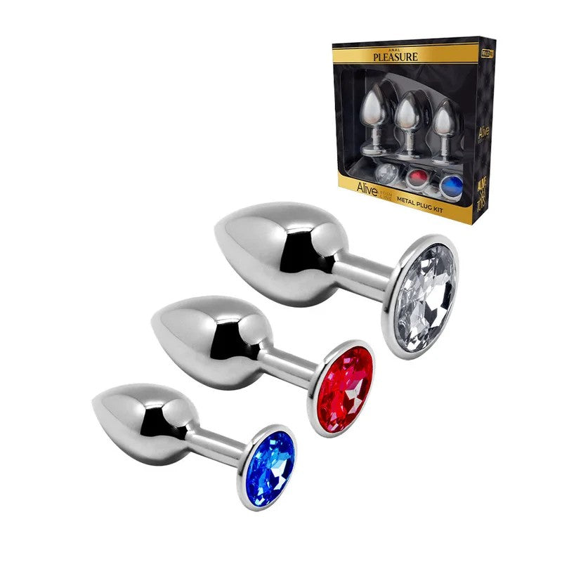 Alive–AnalPleasure3pcMetalGemPlugKit(Silver/Red/Blue)