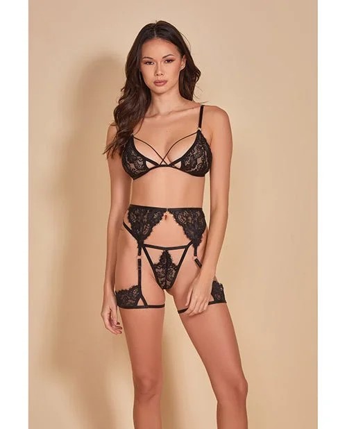 AllEyesonMeEyelashLaceBralette,Garterbelt&StrappyG-StringBlackSM