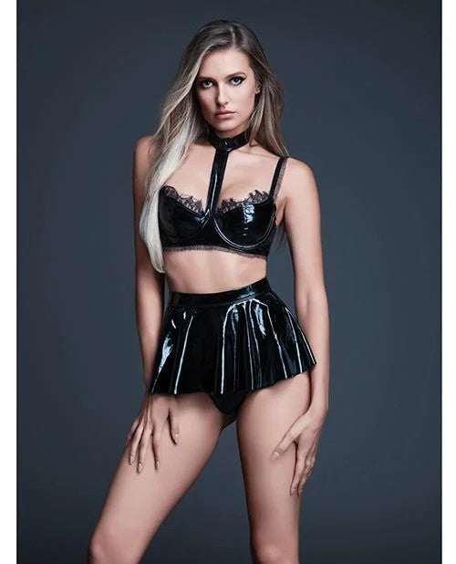 AllureNaughtyNightsLatexLookVinylandLaceChokerBra&MiniSkirt2pcSet–BlackMD