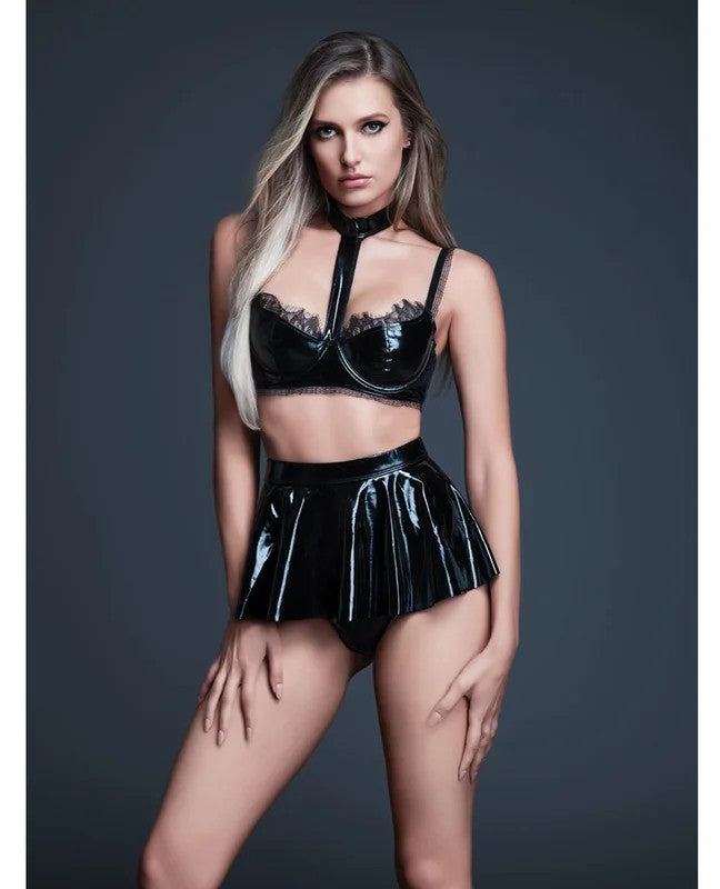 AllureNaughtyNightsLatexLookVinylandLaceChokerBra&MiniSkirt2pcSet–BlackXL