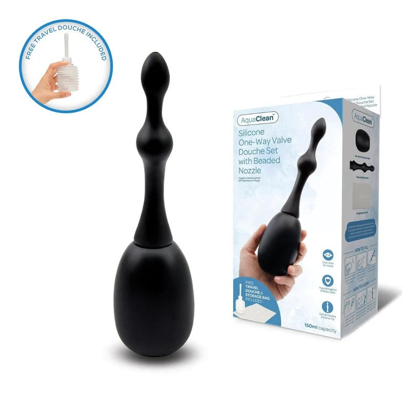 AquaClean–SiliconeOne-WayValveDoucheSetWithBeadedNozzle–150mlCapacity(Black)