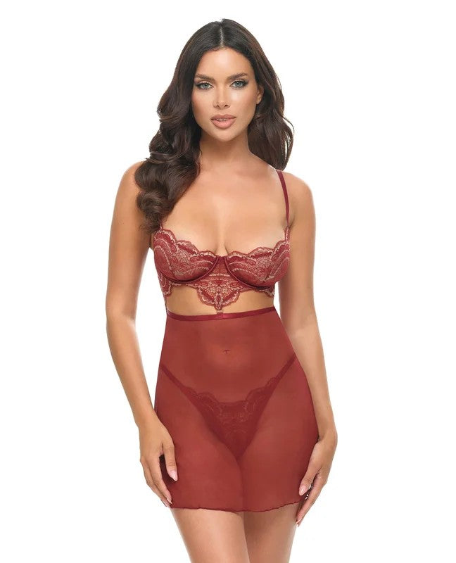 ArielleUnlinedUnderwireLaceBabydollw/G-String–BurgundyL/XL