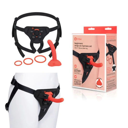 B-Vibe–BeginnersStrapOnHarnessSetWith5″SiliconeDildoPeg–(Black/Red)