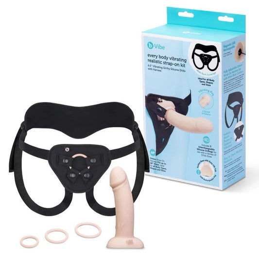 b-Vibe–EveryBody6.5″VibratingGirthyRealisticStrap-OnKitwithHarness(LightFlesh/Black)