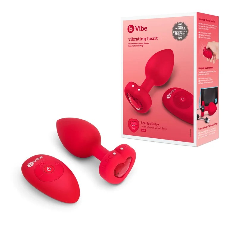 B-Vibe–ScarletRubyRemoteVibratingHeart-shapedJewelAnalPlugM/L(ScarletRubyRed)