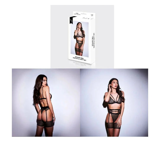 Baci–3pceBlackStrappyBraGarter&PantySet–(S/M)