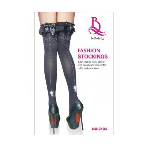 Beileisi–OpaqueChiffon-TrimBowTopThighHighsWithSpider-WebBackseam-One-Size/OS(Black)