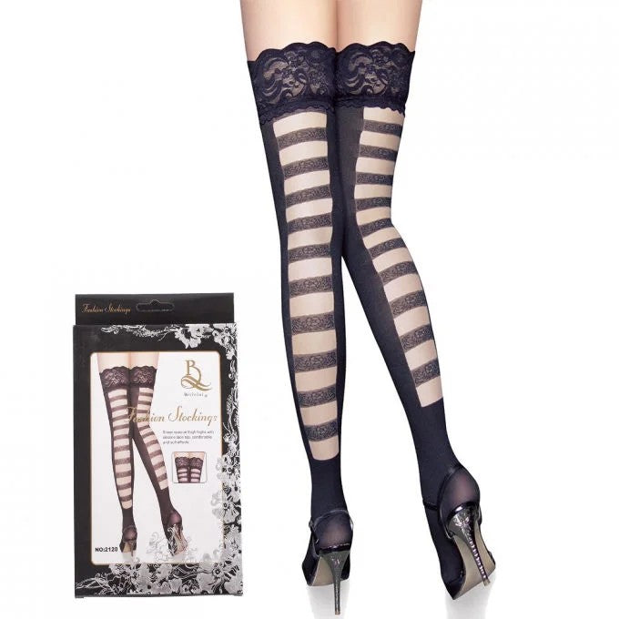 Beileisi–SiliconeStay-UpSheerOpaqueLaceTopThighHighswithStripedBackPanels–One-Size/OS(Black)