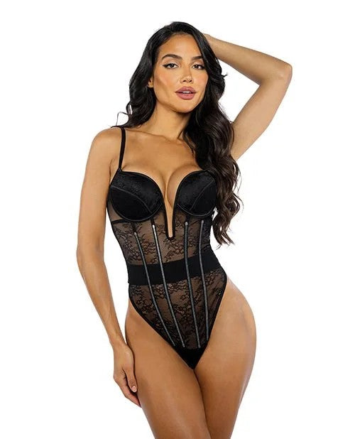 BelleNoirChantillyLaceandSatinTeddy–BlackXL