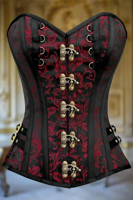 BlackandRedSwirlBrocadeSteelBonedOverBustCorsetwithBuckles✨