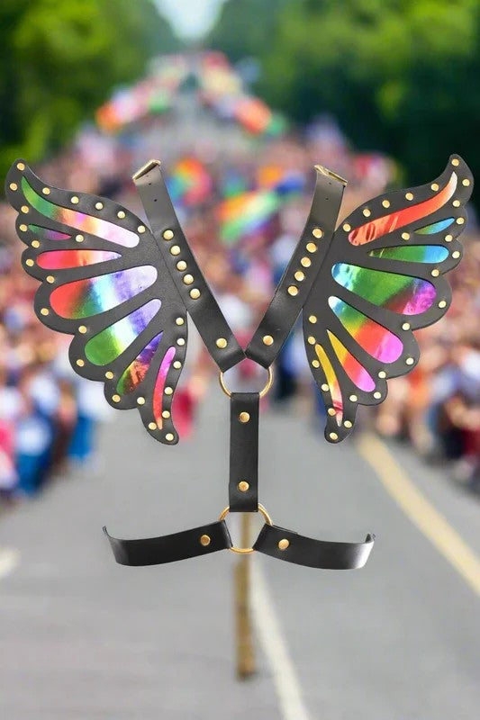 BlackFauxLeatherandRainbowHologramButterflyWingHarness